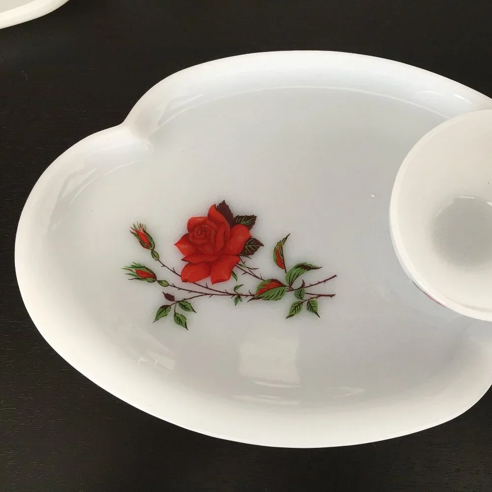 2 Vintage White Milk Glass Scalloped Plates & Tea Cup Snack Set Floral Red Roses